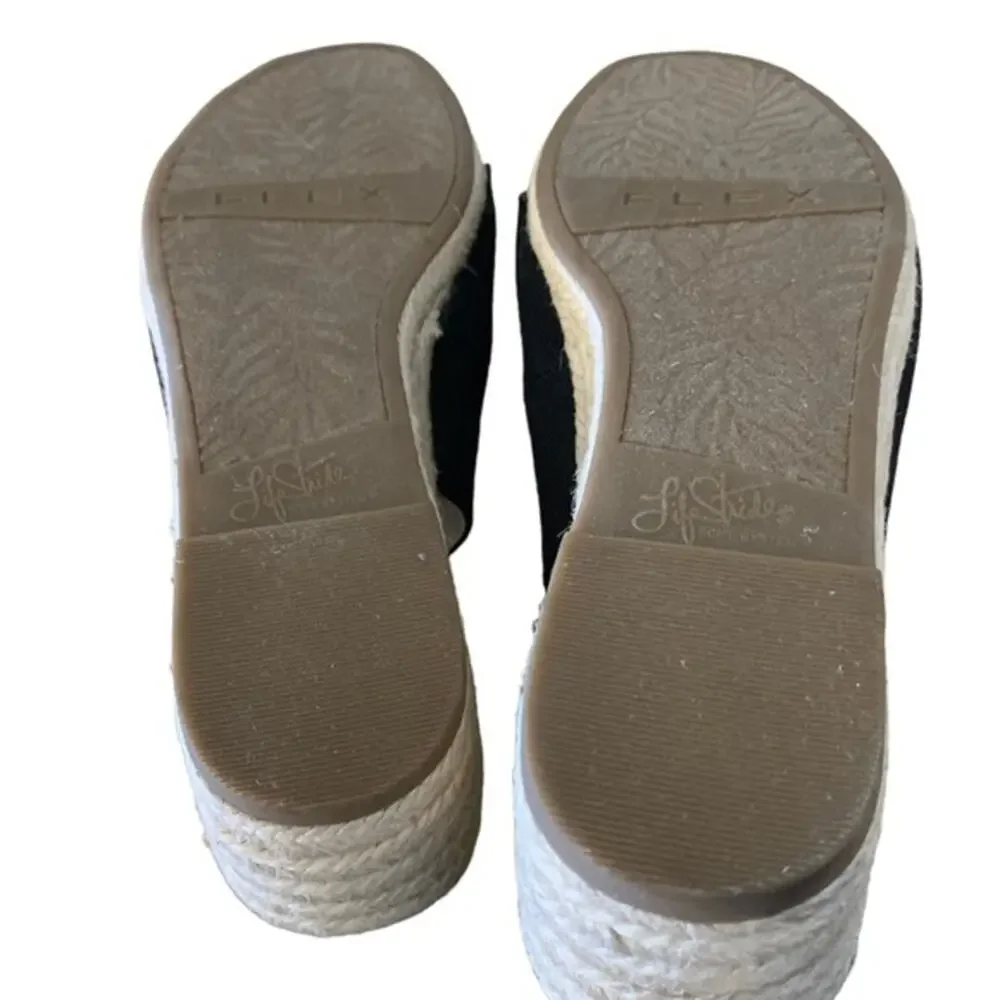 Life stride soft system black espadrilles sling‎ back open toe wedges size 7